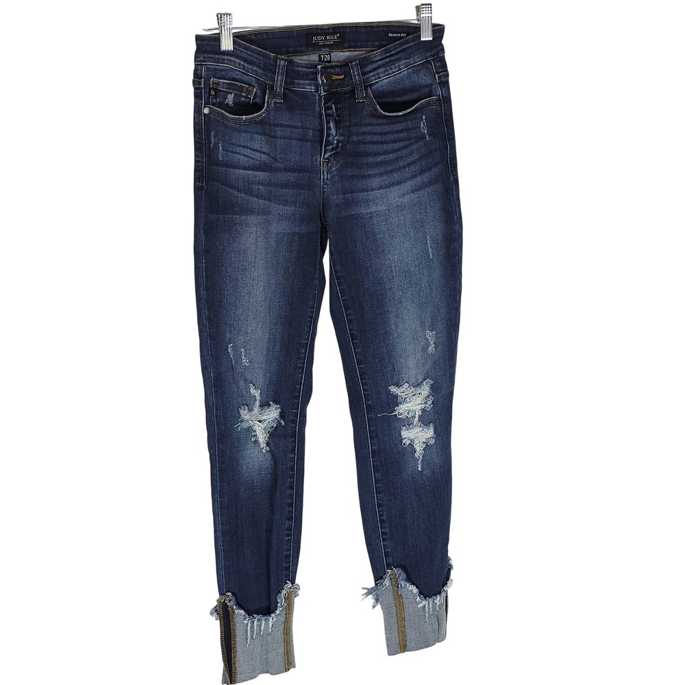 Judy Blue Jeans Womens 7/28 Dark Wash Mid Rise Skinny Distressed Crop Frayed Hem - Picture 2 of 11